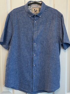 Report Collection 100% Linen Shirt Blue Short Sleeve Size L